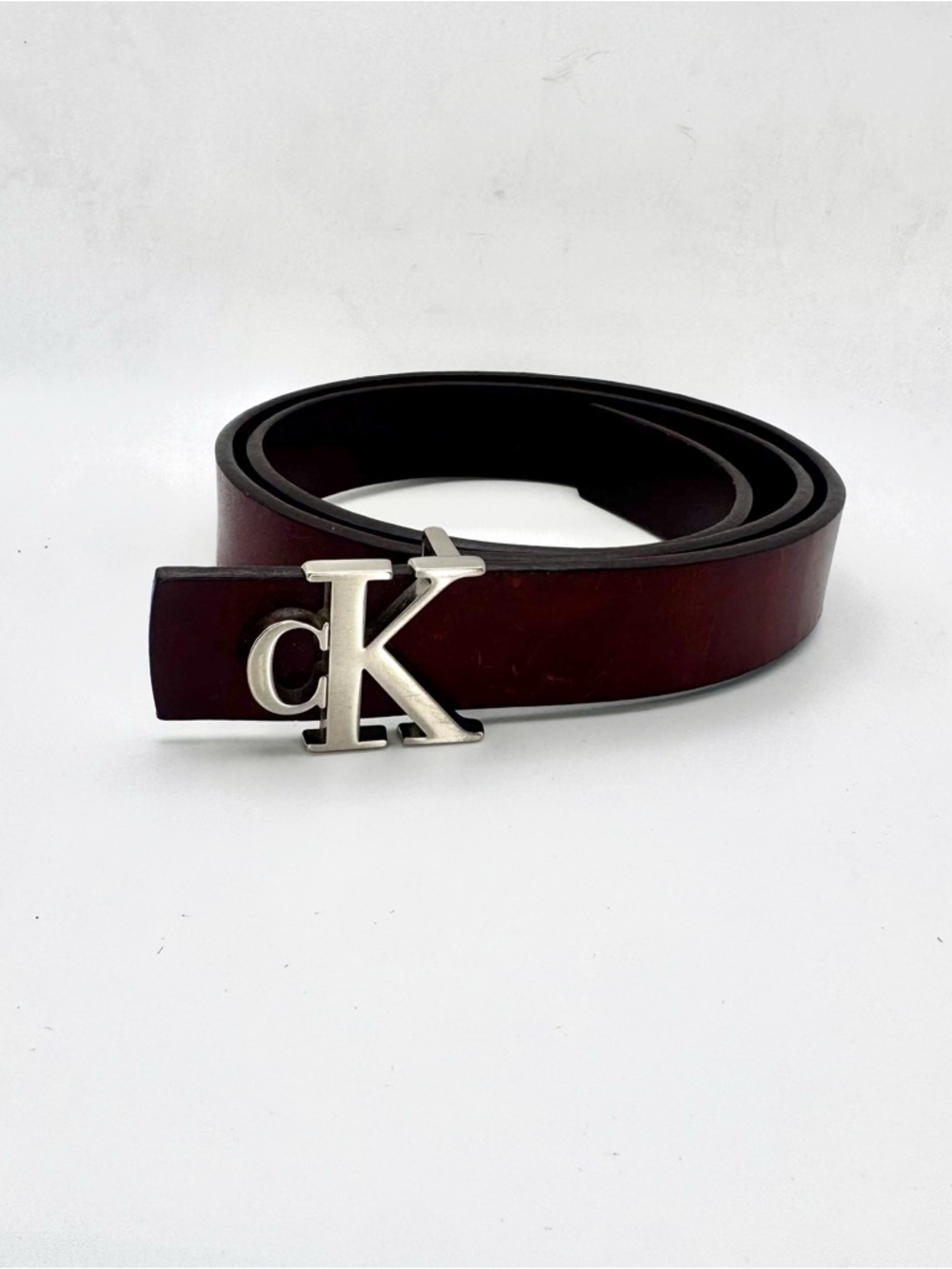 Calvin Klein Brown Leather Belt with Silver cK Buckle